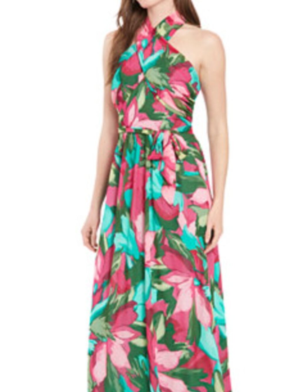London Times Petite Printed Wrap-Neck Maxi Dress floral pink blue NWT $99 12P